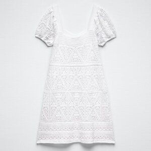 Zara White Crochet Mini Dress Lined with Puff Sleeve (Size XS)